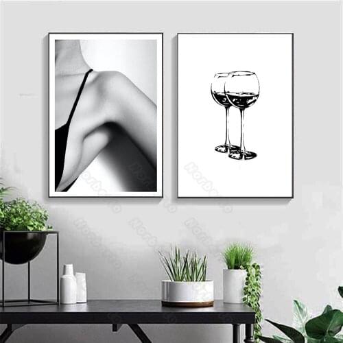 Modern Fashion Style Canvas Painting Wall Poster Sexy Womans Shoulder Red Wine Glasses and Red Lips for Home Rooms Wall Decora