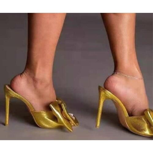 Dipsloot Woman Gold Purple Big Bow Tie Butterfly Knot Slip On Heels Slippers Female Square Toe Party Sandals Shoes Lady