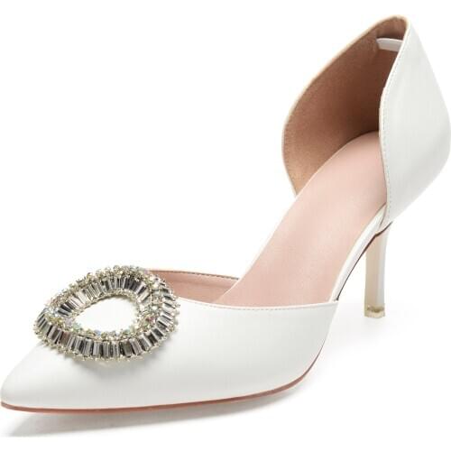 Ivory Cream matte PU lady shoes pointed toe D'orsay high heels with colorful circle crystal prom party cocktail dress shoes pump