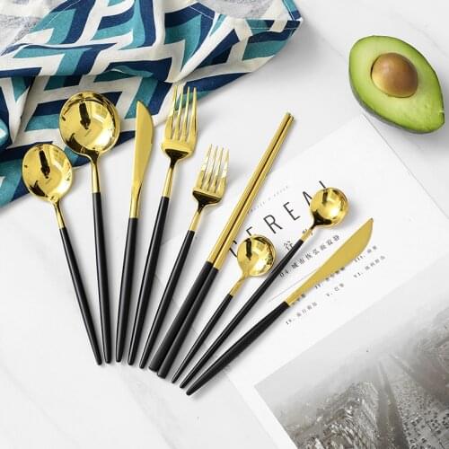 Mirror Dinnerware Sets Black Gold Cutlery Set 18/10 Stainless Steel Round Handle Spoon Fork Steak Knife Chopsticks Flatware Set