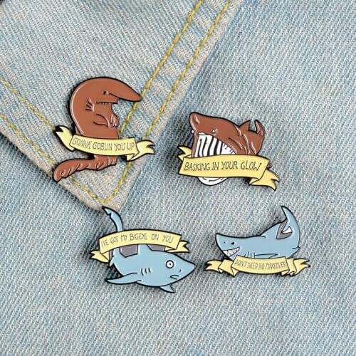 Cartoon Badges Letter BASKING IN YOUR GLOW Brooches for Women Cute Funny Shark Pins Jewelry Enamel Pin Backpack Bag Accessories
