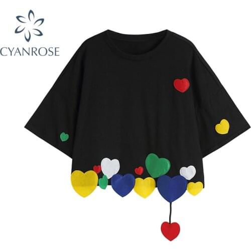 Fashion Splicing Colour Heart Short Sleeve T-Shirts For Women Korean Causal Loose Harajuku Kawaii Tee 2021 Summer E-girl Tops