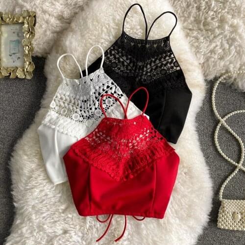 2021 Beach Vacation Summer Lace Vacation Sexy Backless Camisole Women Crossing Bandage Crop Tops Vest Tees Girl Camis