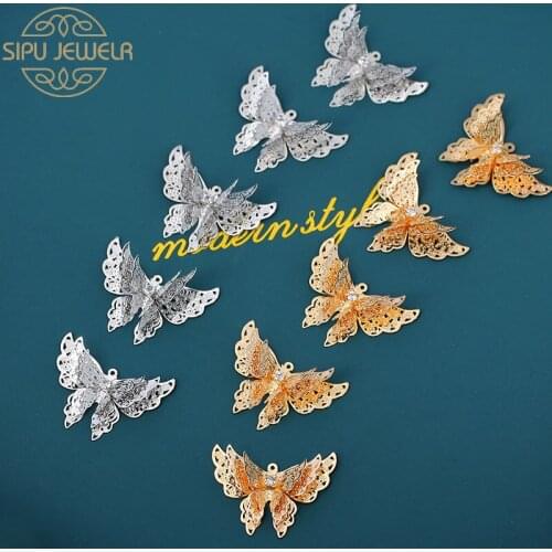 10Pcs/set Luxury 3 Layers Butterfly Charm Pendant Retro Rhinestone Inlaid Hollow Pendants Handmade Necklaces Craft Zinc Alloy