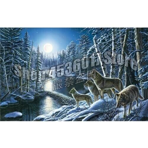 100% DIY 5D Diamond Mosaic Wolves Winter Animals moon Art Handmade Diamond Painting Cross Stitch Diamond Embroidery Rhinestones