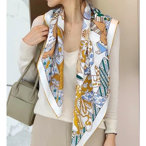100% Twill Silk Scarf Turban Ladies Fashion Print Shawl Turban Hand-rolled Square Scarf 88*88cm