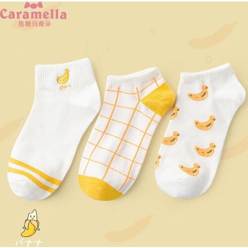 Caramella 3 Pairs Women Socks New Summer Women Cute Fruits Banana Casual Ankle Cotton Socks Boat Sock Slippers EUR35-40
