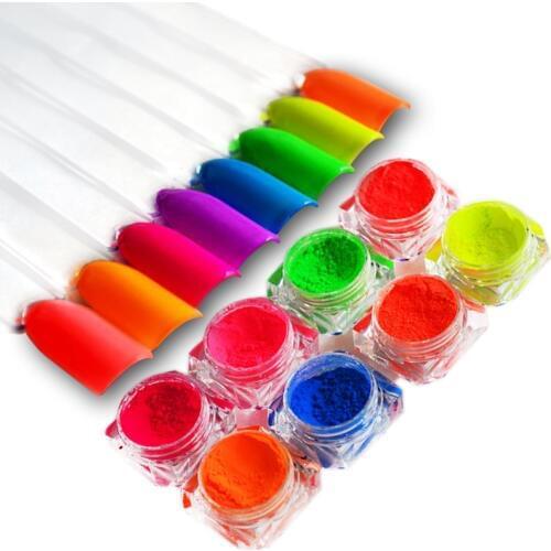 8Pcs Neon Phosphor Pigment Powder Set Fluorescent Nail Glitter Powder Manicure Kit Nail Art Dust Pigment Paillettes