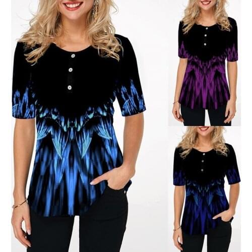 Spring And Summer Womens Printed Short Sleeve Tops Ladies Round Neck Button Casual Shirts Plus Size Blouse S-5XL