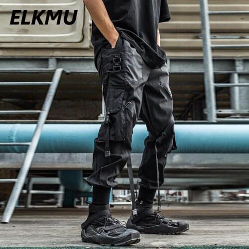 ELKMU Black Tactics Cargo Pants Streetwear Jogger Men Fashion Multi-pocket Ribbon Design Sweatpants Trousers Elastic Waist HM587