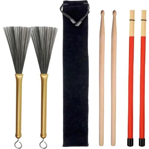 Wood 5A Drumsticks & Wire Brushes & Rod Brush Sticks w/ Bag Drum Accessories