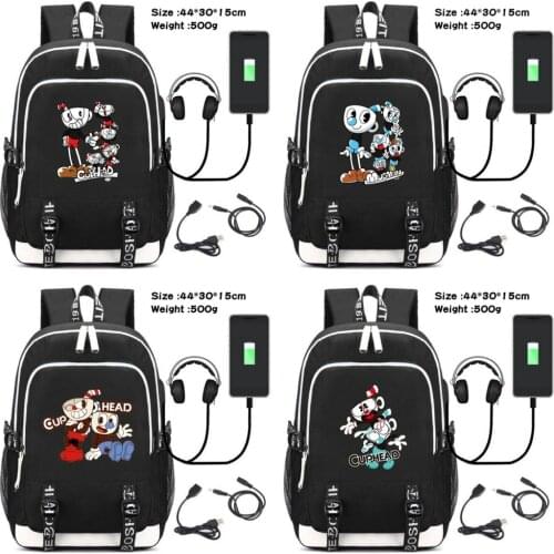 Game Cuphead Mugman Canvas Backpack Teenager USB Charging Headphone Travel Laptop Bag Student Cartoon Schoolbag Zipper Rucksack