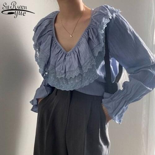 Ruffled V-neck Lace Shirt Women Korean Sweet Long Sleeve Women Tops and Blouse Office Lady Style Flare Sleeve Top Female 13976