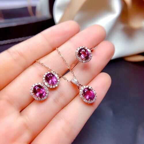 Best Gift Real Natural Garnet Set Natural And Real Garnet Jewelry set 925 sterling silver 1pc Ring,1pc Pendant,2pcs Earring