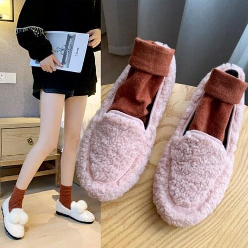 Winter Lambswool moccasins femme ballerina cotton shoes women shearling loafers soft bottom warm plush sneakers woman fur flats