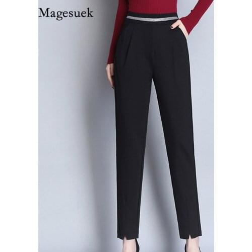 OL Style Casual Pants Spring Autumn 2021 Suit Trousers Elastic Waist Harem Pants Black Pencil Pants Solid Cotton Trousers 16454