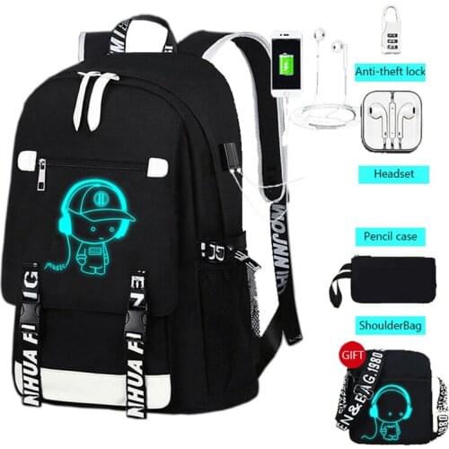 Boys Casual Anti Theft School Bag 17 Inch Waterproof Laptop Backpack For Teenage Girls Luminous Anime USB Charge Travel Bagpack