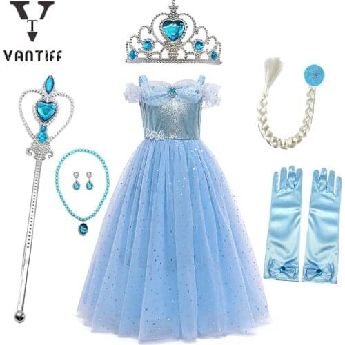Fancy Summer Short Sleeve Princess Dress for Girls Kids Cosplay Costume Off Shoulder Blue Mesh Dresses Party Wedding Dress