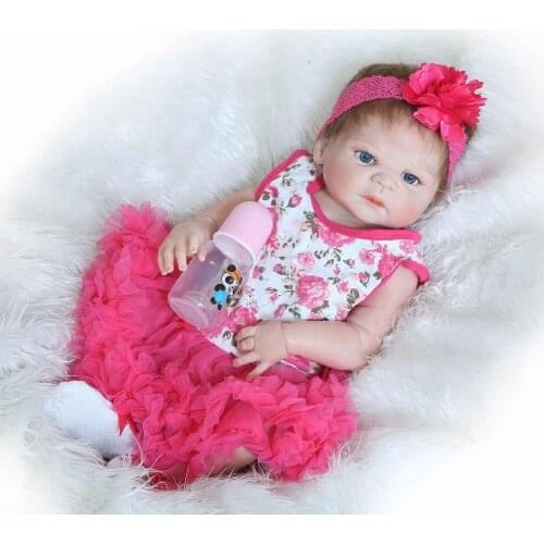 Bebe silicone reborn dolls toys 57CM realistic girl reborn babies with rose dress blue eyes dolls children gift bonecas