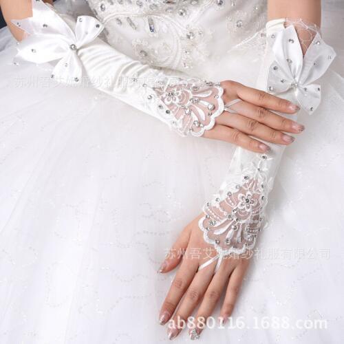 Bridal Wedding Yarn Gloves Hook Refers to Small Flower Bow Sticky Crystals Medium-length Satin And Lace Off-white