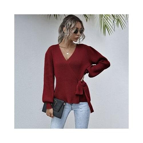 Fashion New Cross Wrap-around Sweater Womens Autumn And Winter New Womens Casual V-neck Waist Hugging Lace-up Solid Sweater