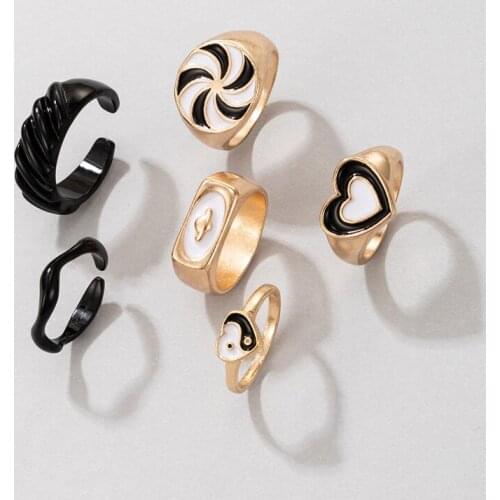Tocona 6pcs/sets Colorful Heart Wedding Ring Sets for Women Men Tai Chi YiYang Geoemtry Alloy Metal Jewelry Anillo 19850