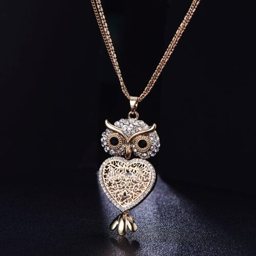 Vintage Clear Crystal Owl Necklaces Hollow Heart for Women Long Multi Chain Statement Fashion Jewelry Pretty Party Gifts Girls