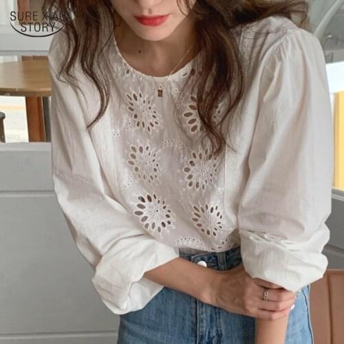 2021 New Korean O-Neck Loose Top Gentle Solid Chic Long Sleeve Shirt Fashion Crochet Hollow Out White Blouse Women Clothes 14218