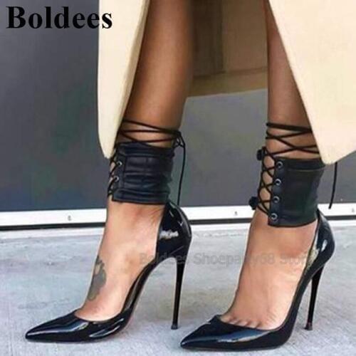 New Arrival Black Bright Patent Leather Pointed Toe High Heel Shoes Women Lace Up Cross Tied Ankle Pumps Party Shoes