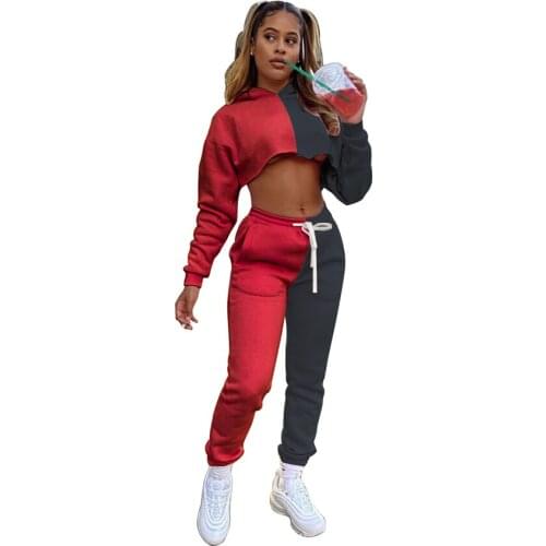 Colorblock Two Piece Set Women Tracksuit Autumn Clothes Pullover Hooded Sweatshirt Crop Top Long Pants Suit Casual Womens Sets