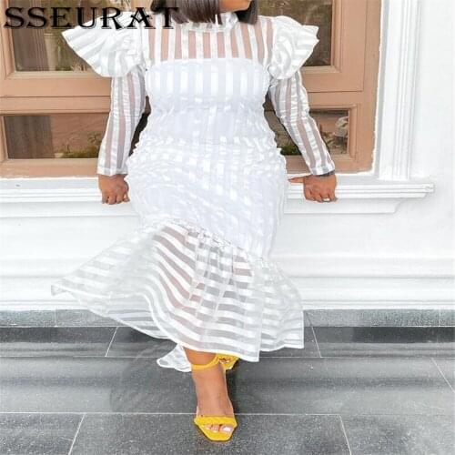 SSEURAT Women Long Dress Mesh See Though Plaid Maxi Dresses Long Sleeve Fall Fashion Street Party Club Outfits 2021