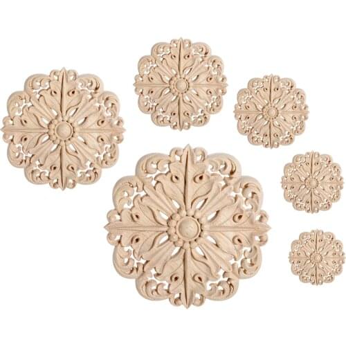 1pc Wood Carved Applique Round Onlay Decal Unpainted Decor Flower Home Door Wall 10-30cm Retro European Symmetrical Hollow 3D