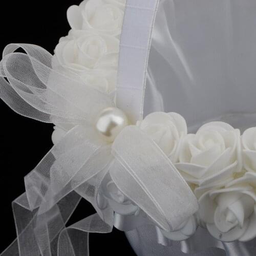 1 Pack White Handle Wedding Flower Girl Baskets with White Rose Ribbon