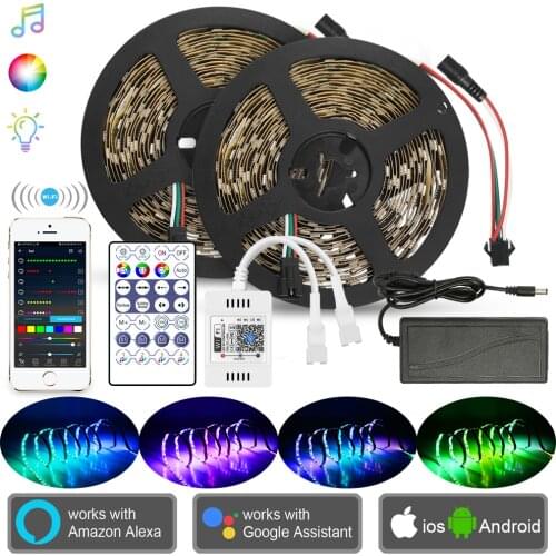 5/10/20m Outdoor Smart WIFI APP Controller WS2811 IC RGB LED Strip 5050 Individual Addressable +12V Transformer+Controller