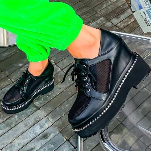 Punk Goth Military Women Genuine Leather Ankle Boots Platform Wedge High Heels Oxfords Creepers Lace Up Shoes 35 36 37 38 39