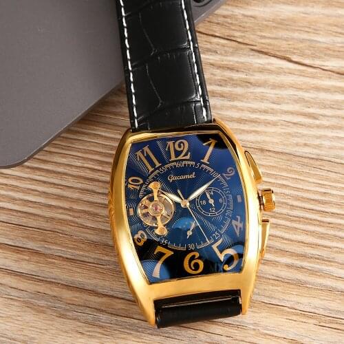 Mens Watches Gold Luxury Tonneau Waterproof Hollow Mechanical Watch Steel Automatic Business Tourbillon Clocks Relógio masculino
