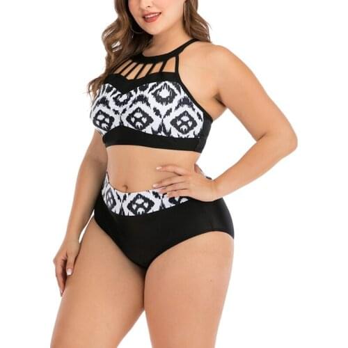 Women Plus Size 2pcs Bikini Set Halter Hollow Out Strappy Push Up Swimsuit High Waist Leopard Rhombus Print Bathing Suit