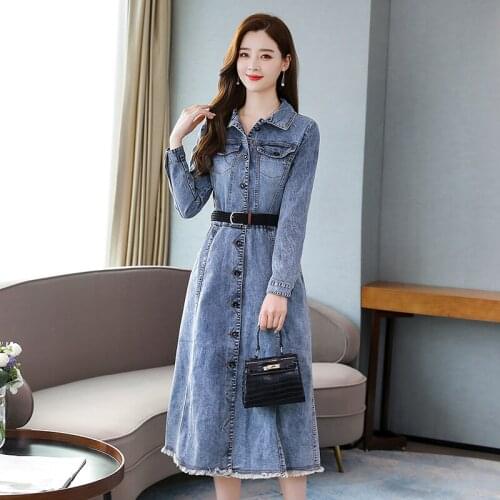 EHQAXIN Dress Ladies 2021 Fashion Turn-Down Collar Long Sleeve Single-Breasted Tassel Denim Shirt Dresses Elegant L-2XL