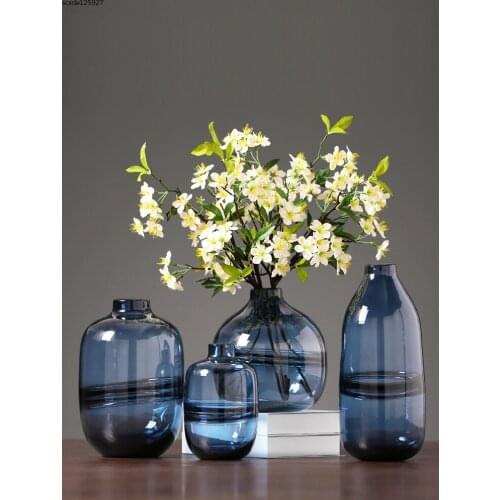 European Dark Blue Countertop Glass Vase Dried Flower Flower Arrangement Plant Hydroponic Vase Living Room Office Art Decoration