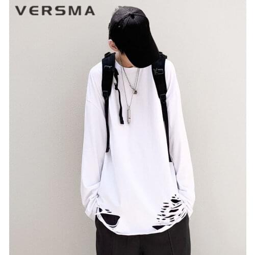 VERSMA High Street Hip Hop Ripped White T-shirts Men Women Pullover Summer Korean Harajuku Loose Long Sleeve Couple T Shirts Men