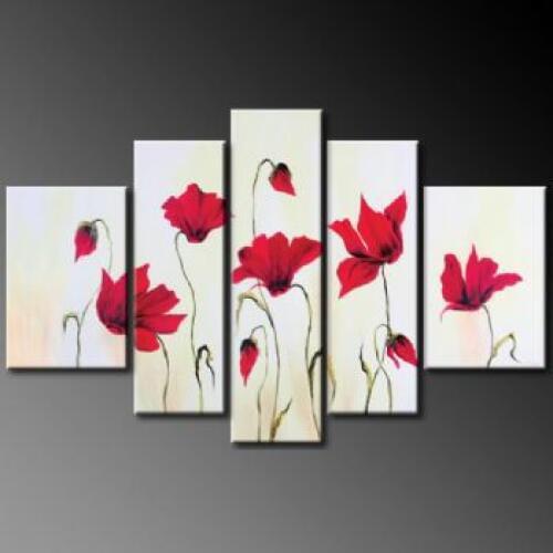 5pcs Hand Painted Oil Painting Modern Canvas Art Wall Decor Scarlet Poppy Flowers
