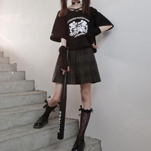 QWEEK Japanese Harajuku Plaid Pleated Skirt High-waist Streetwear Grunge Women 2021 Gothic Soft Girl Casual Short Skirts Goth
