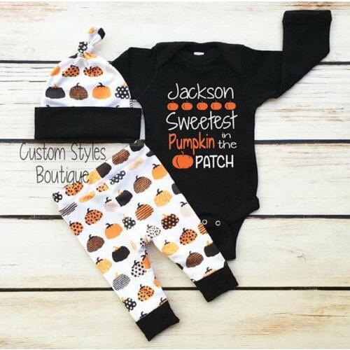 Halloween Pumpkin Letter set 3pcs Newborn Infant Baby Boy Girl Outfits Clothes Black long sleeve Bodysuit Pants Legging Hat Cap