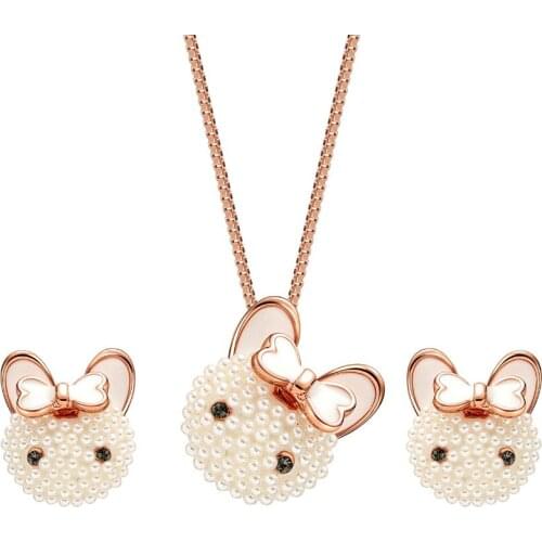 HC Very Cute Cartoon Cat Pendant Necklace Earrings Girl Kids Jewelry Set VintagePearl Lovely Bowknot Women Children Jewelry Gift
