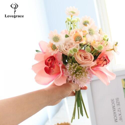 Lovegrace Wedding Bouquet Handmade Rose Flower Wedding Supplies Silk Pompom Orchid Flower Pink Prom Party Marriage Decorations
