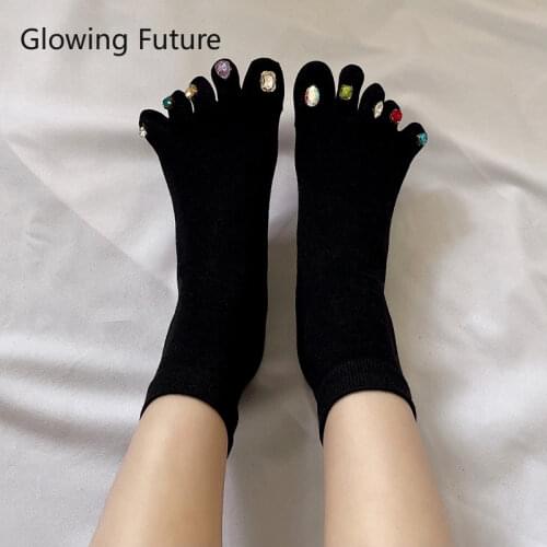 Fashion rhinestone women socks novelty funng cute kawaii black white diamonds Five-finger socks Personality cotton casual sokken
