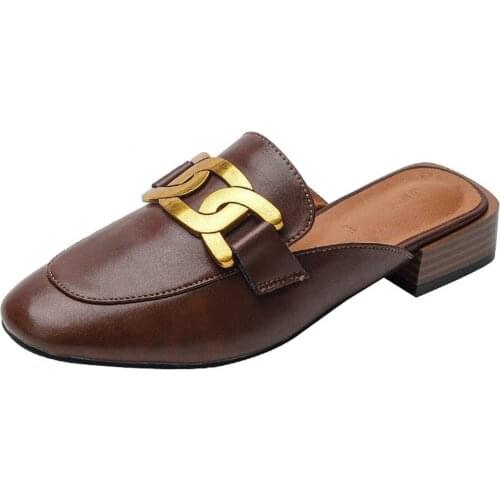 Women Slippers Fashion Round Toe Sandals Metal Chain Decorated Thick Heel Mules For Summer Autumn 2021