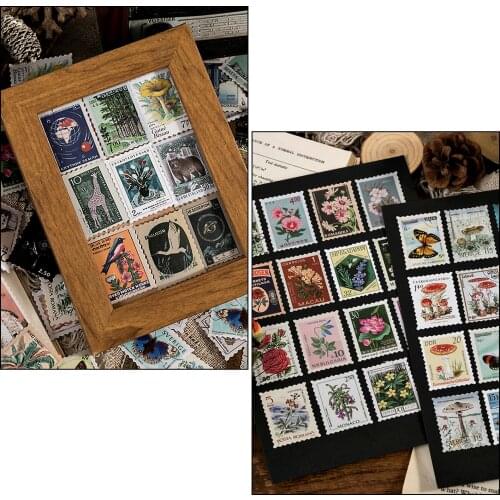 Notebook Crafts Vintage Postage Stamp Flake Stickers Set Animal Plant Forest Stamps Stickers For Journaling Scrapbook