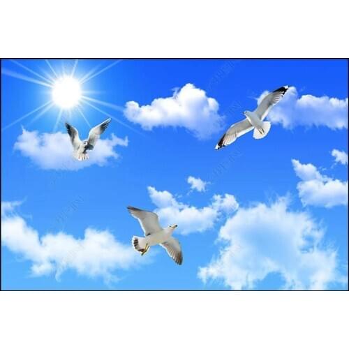 Custom zenith mural 3d ceiling murals wallpaper for walls 3 d Blue sky, white clouds, sun, seagull, zenith, ceiling, mural decor