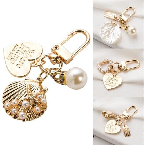 New Cute Heart Keychain Women Fashion Shell Pearl Key Chain Bag Car Ornament Charm Gold Color Key Ring Trinket Key Accessory